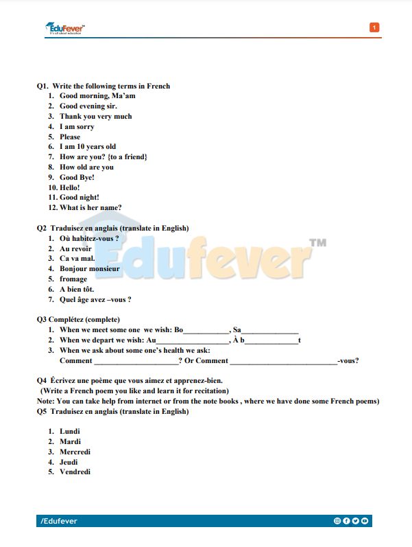 Class 5 French Worksheets