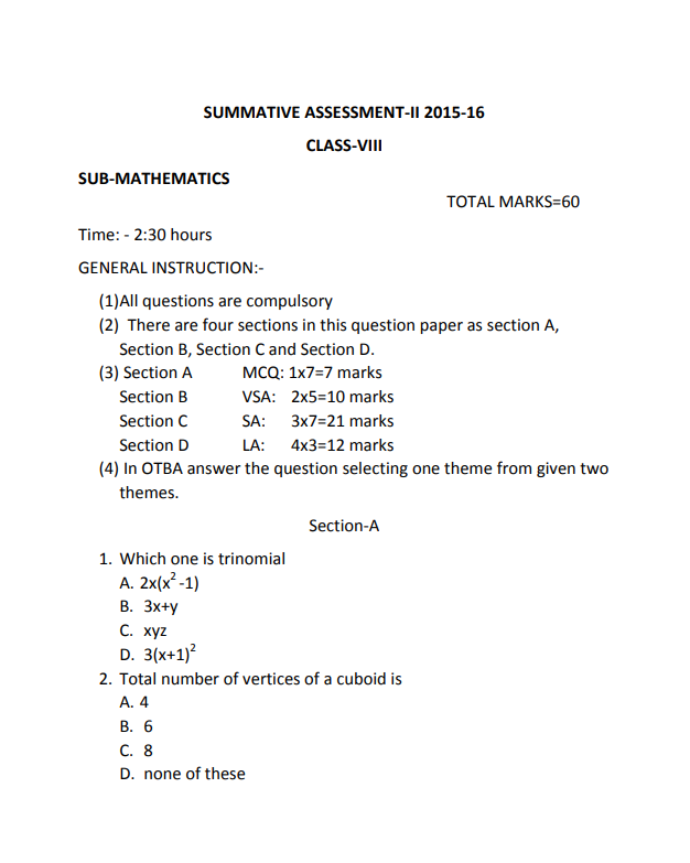 [Download Free] CBSE Class 8 Maths Question Papers 202425
