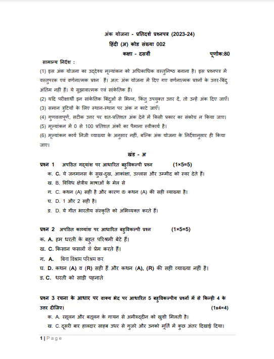 Class 10 Hindi Marking Scheme 