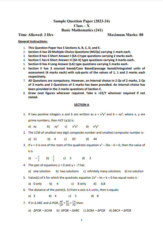 Class 10 Maths Sample Paper