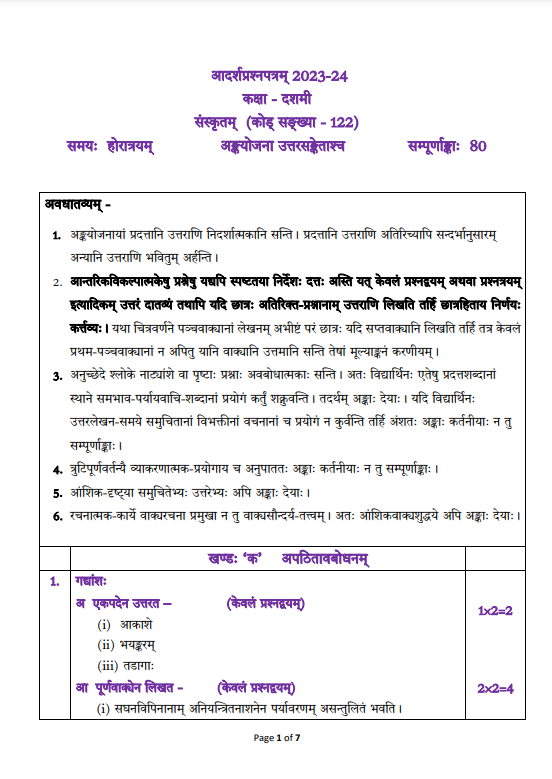Class 10 Sanskrit Marking Scheme