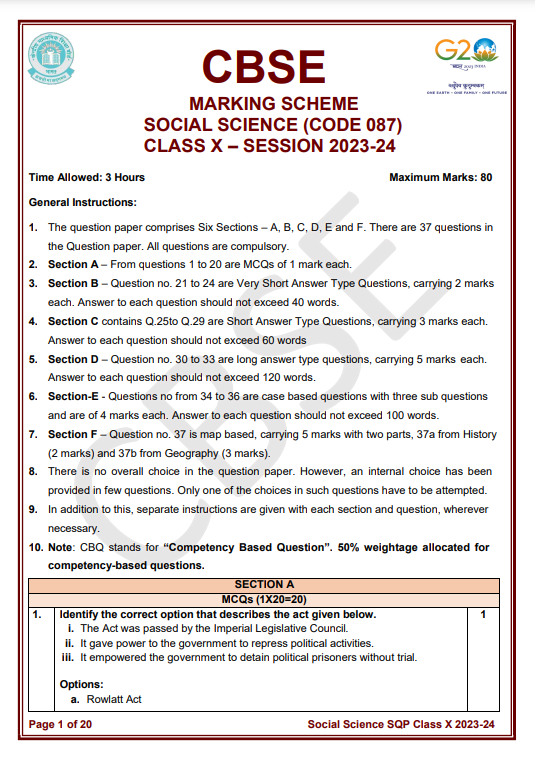 Class 10 Social Science marking scheme