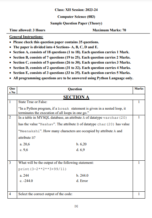 Class 12 Computer Science Sample Papers