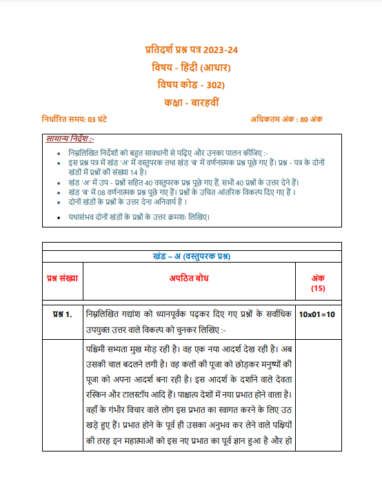 Class 12 Hindi Core Sample Papers