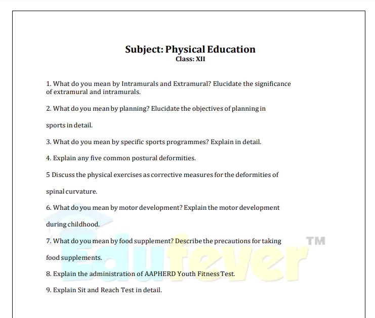 Class 12 Physical Education Worksheet