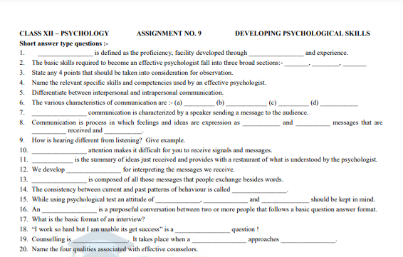 Class 12 Psychology Worksheet