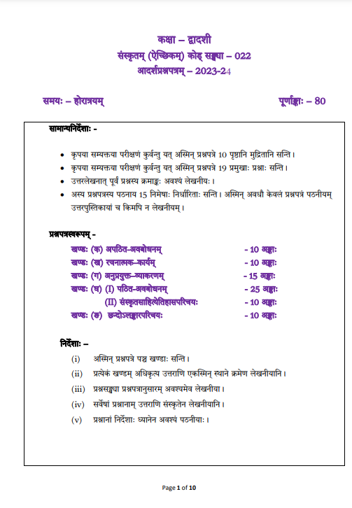 Class 12 Sanskrit Elective Sample Papers
