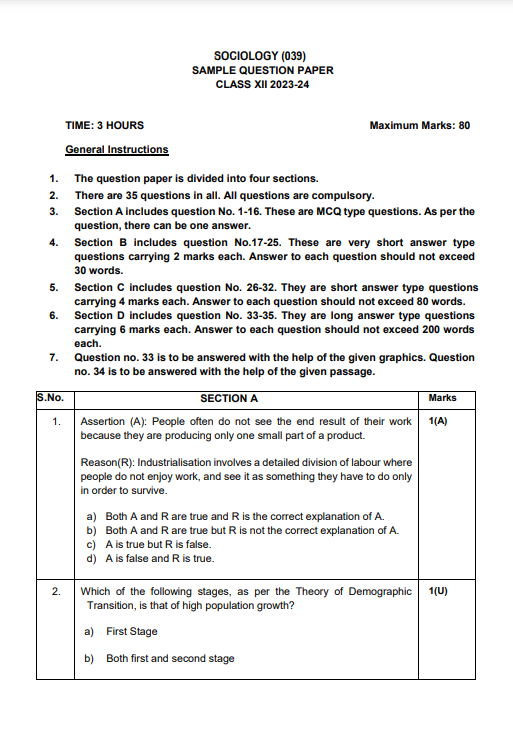 Class 12 Sociology Sample Papers