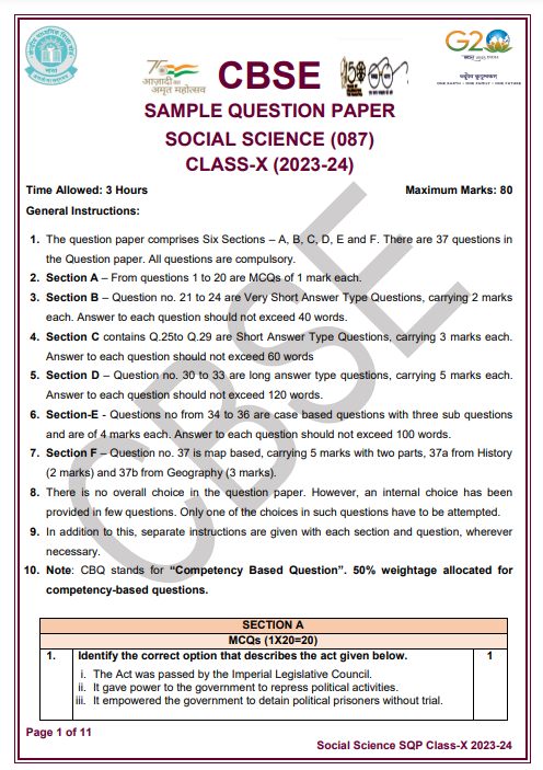 Example of Class 10 Social Science Sample Paper