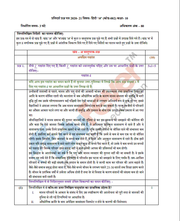 Class 10 Hindi Sample Paper