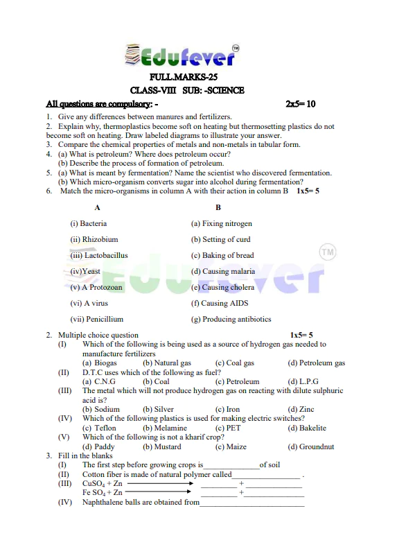 Class 8 Science Sample Paper