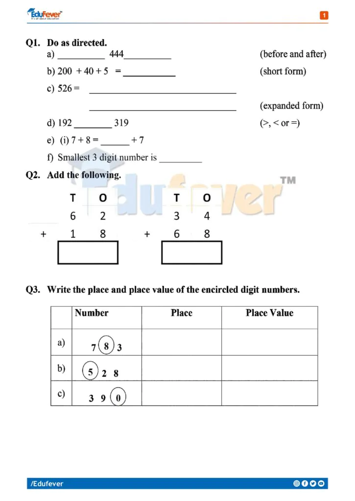 CBSE Class 2 Mathematics Class Test Worksheet