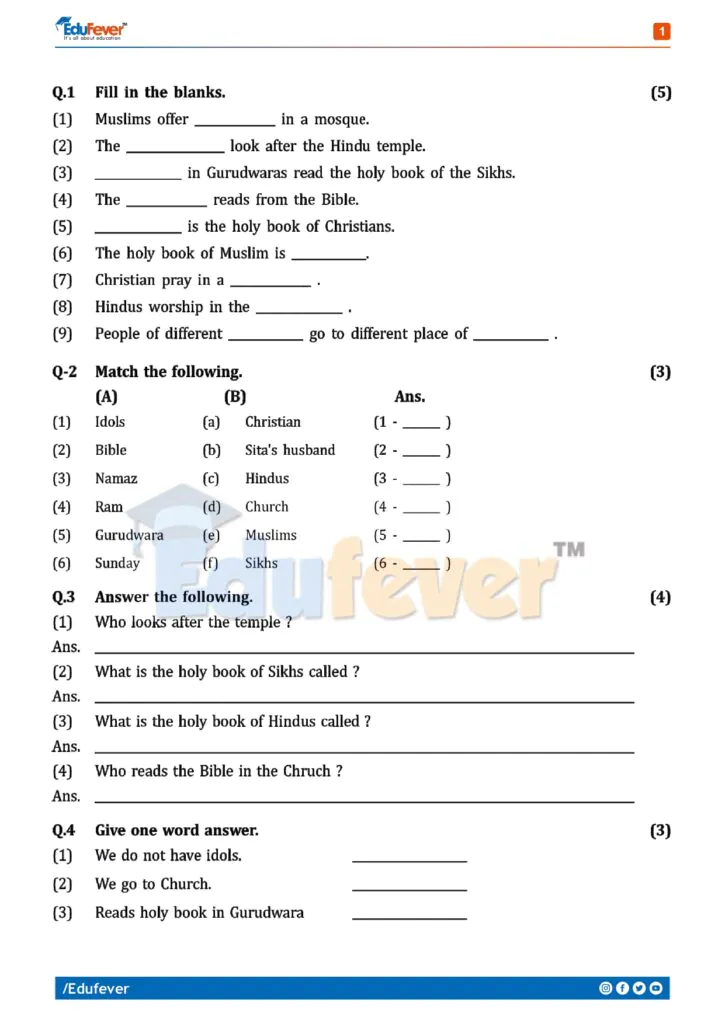 Class 2 EVS Class Test Worksheet