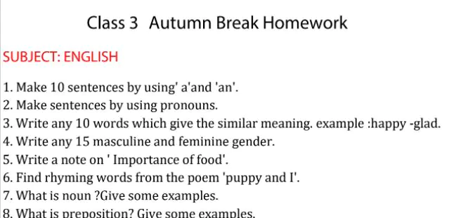 Class 3 Autumn Season Holiday Homework