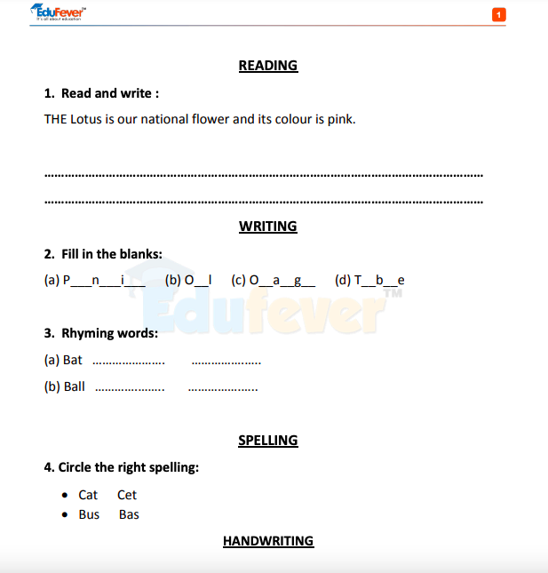 Example of Class 1 English Question Bank