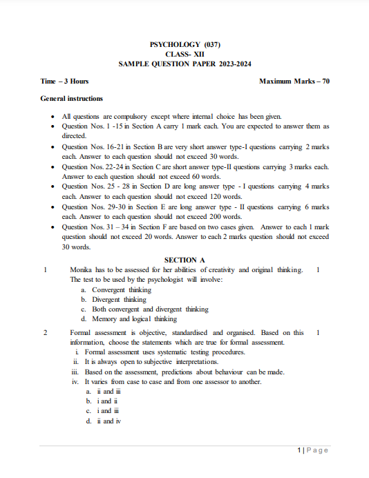 Class 12 Psychology Sample PapersClass 12 Psychology Sample Papers